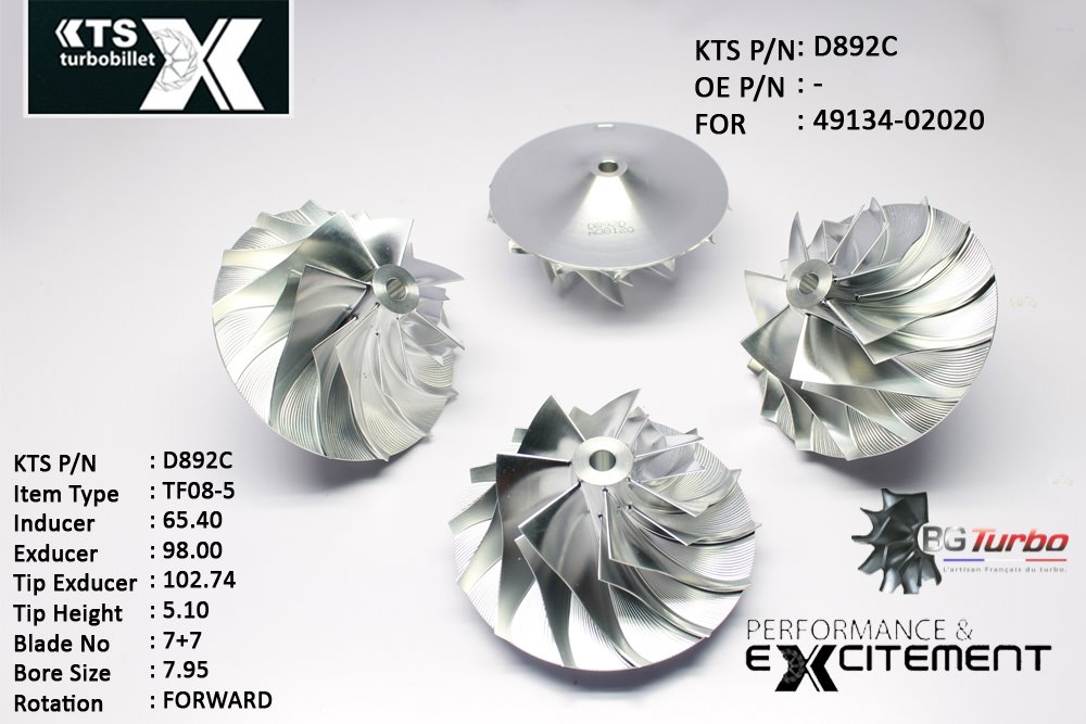 Turbo ROUE FORGÉE MFS PERFORMANCE - 7+7 PALES - INDUCER : 65,4 - EXDUCER : 98 - TYPE : TF08-5ANGLE : 50° - ROTATION : Forward - SUPER BACK : 11 - BORE SIZE : 7,95
